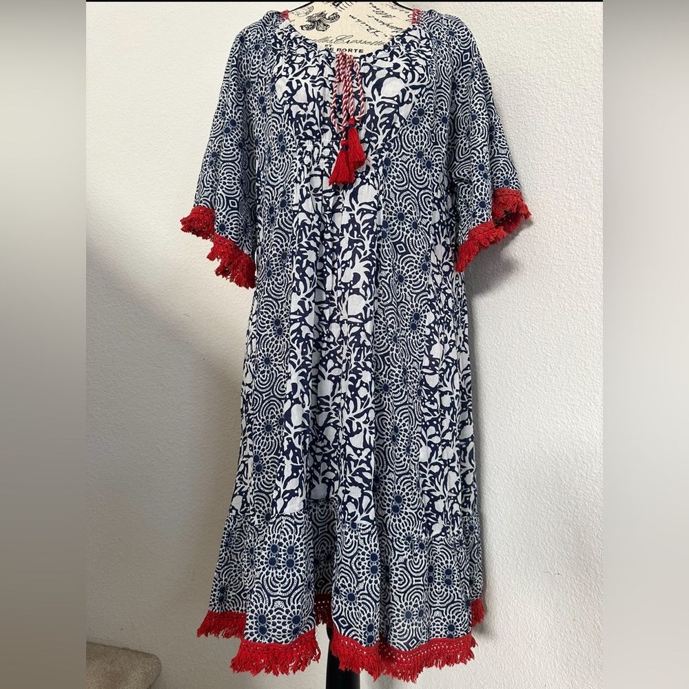 Lillie Blue and White Floral Patterned Dress with Red Accents